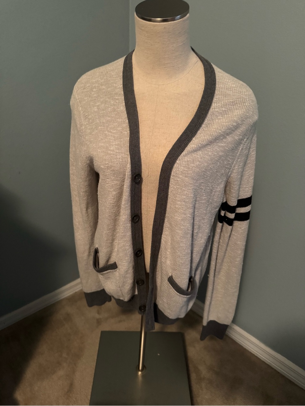 Express Light Gray Cardigan with Dark Gray Trim and Arm Stripes